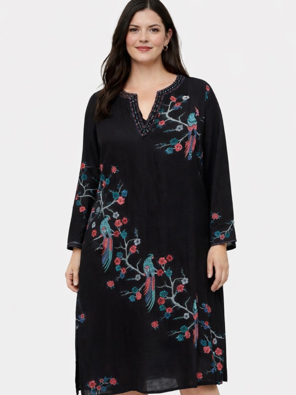bella tu Black Embroidered Bird Tunic Dress with Floral Motif